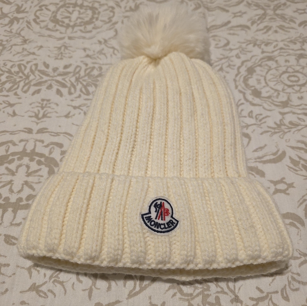 Moncler Ivory Knit Hat with Pom-Pom